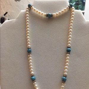 925 Sterling Silver Pearl & Turquoise earrings, bracelet, necklace